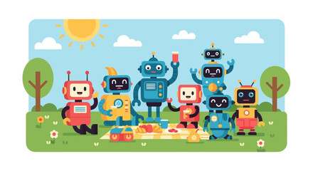 Cute Robots Enjoying a Picnic Together in a Park.