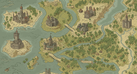 Fantasy Map with Castles and Rivers - A Detailed Cartographic Illustration.
