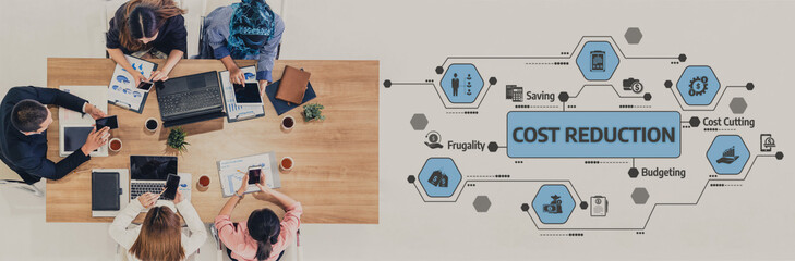 A modern business meeting focusing on cost reduction strategies, featuring a diverse team collaborating over technology in an organized office space. Tessel
