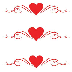 Three red heart ornaments with decorative swirls on white background love romance