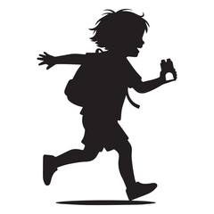 Silhouette of a happy child running with a backpack and holding binoculars, isolated on white background