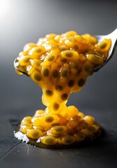 Exotic yellow passion fruit spilling from a metal spoon onto a surface