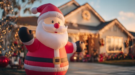inflatable Santa Claus doll in front of a Christmas-decorated house