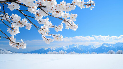 Serene Winter Landscape with Snow-Covered Mountains and Cherry Blossom Branches Against a Bright Blue Sky