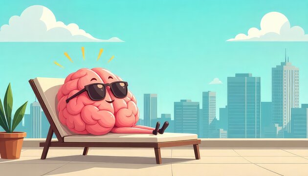 Cartoon brain relaxing on a lounge chair with sunglasses against a cityscape background on a sunny day