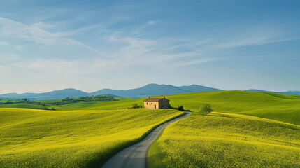 Obraz premium Serene countryside landscape with vibrant green fields, single house, and rolling hills under a clear blue sky