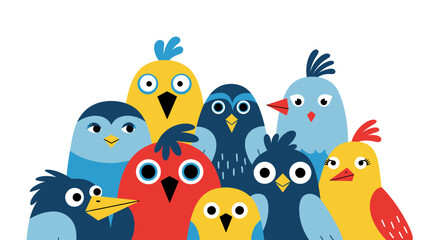 Colorful cartoon birds in a group.