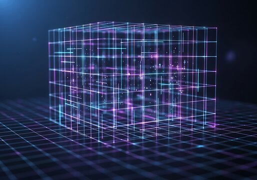 Futuristic glowing cube formed by connecting lines on a grid surface