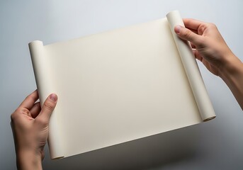 Hands unveiling a blank scroll providing versatile creative space for content display and design opportunities