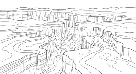 Obraz premium Flat doodle outline of a canyon with winding paths and rock formations