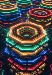 Hexagonal array glowing with futuristic vitality, abstract digital composition displaying vivid multi-layered formations