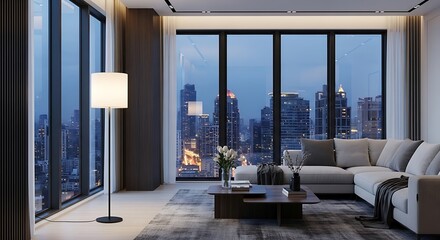 Modern living room with expansive city views bathed in the soft glow of evening light displaying sophisticated urban