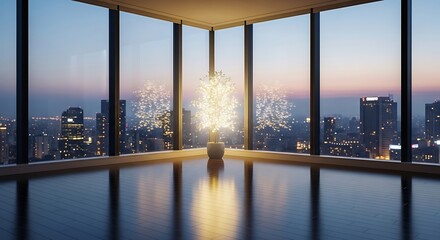 Modern living: High-rise apartment interior showcasing glowing plant and stunning cityscape view