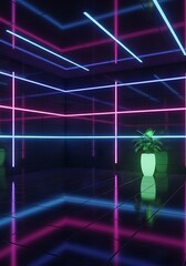 Neon-lit futuristic room with reflective tiles and a tranquil plant corner