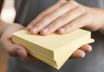 Person holding pale yellow sticky notes offering it to the viewer