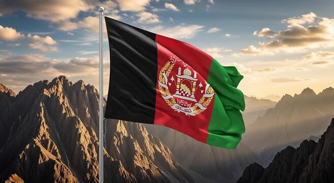 Afghanistan flag waving against a backdrop of majestic mountains and cloudy skies view