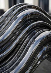 Reflective metal sculpture with flowing lines creating dynamic visual harmony and rhythmic movement urban backdrop