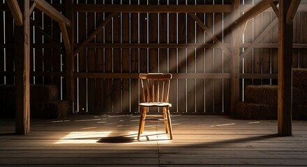 Rustic solitude a wooden chair bathed in sunlight within a weathered barn interior atmosphere