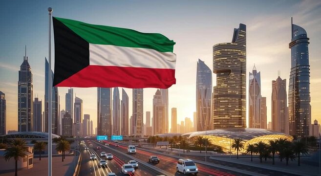 Kuwaiti flag waving in the wind with a modern cityscape and highway in the background