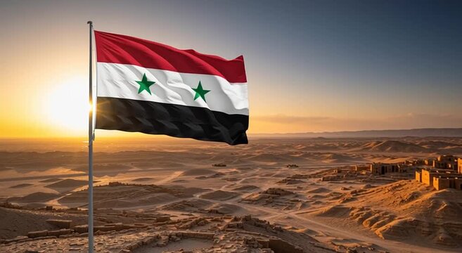 Syrian flag waving above ancient ruins in a desert landscape at sunset with clear skies