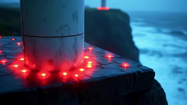 Blue-hour sea view a stone railing with a weathered pillar wrapped in glowing red fairy lights now
