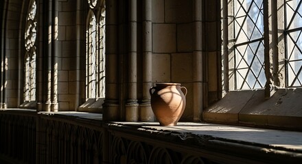 Sunlit terracotta vessel sitting on a stone windowsill inside a historical building showcasing architectural design