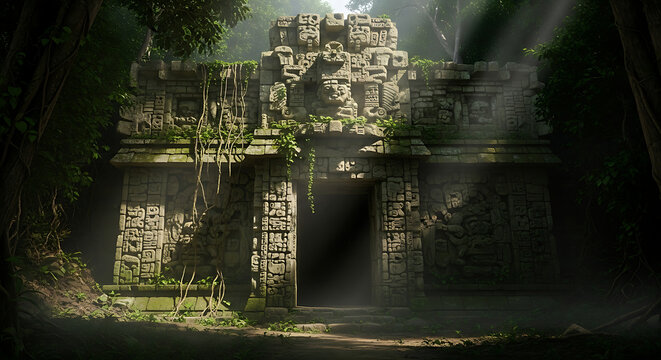 Ancient Mayan Temple Ruins, Jungle Entrance, Lost Civilization