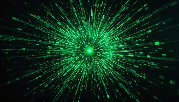 Abstract background depicting a futuristic high-speed data stream with green particles exploding outwards from a central core in a digital network - Powered by Adobe