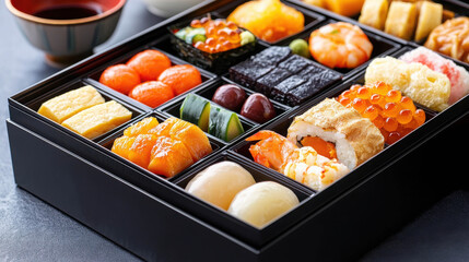 Colorful assortment of sushi and desserts arranged in a traditional Japanese bento box with vibrant ingredients on a dark textured surface
