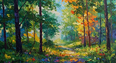 Obraz premium Vibrant impasto oil painting depicting a sunlit forest path winding through lush green foliage and colorful autumn trees.