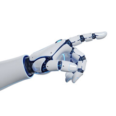 Robotic hand pointing finger with blue and white details. The hand is rendered with fine details, with a focus on a futuristic aesthetic
