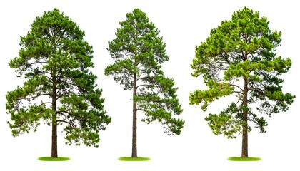 Three pine trees against white background
