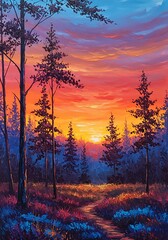 Obraz premium A vibrant painting of a forest at sunset, featuring tall trees and a colorful sky.