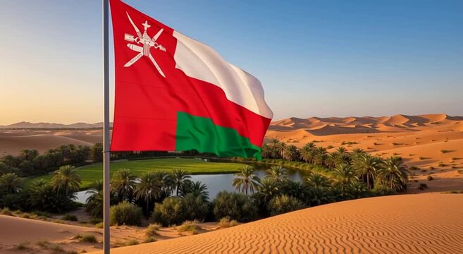 Oman flag waving over desert oasis with palm trees and lake under clear blue sky day