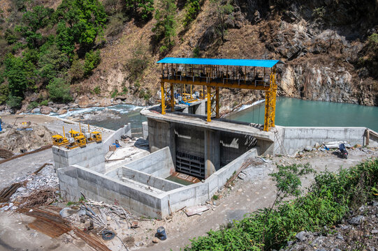 Langtang Khola hydroelectric small dam in Langtang national park, Nepal. The purpose of producing hydroelectric power, dams are created to control river flow and regulate flooding.