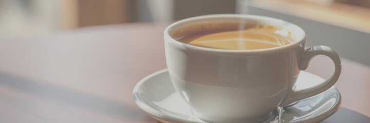 Warm cup of coffee served on a wooden table in a cozy cafe during morning hours - Low Contrast