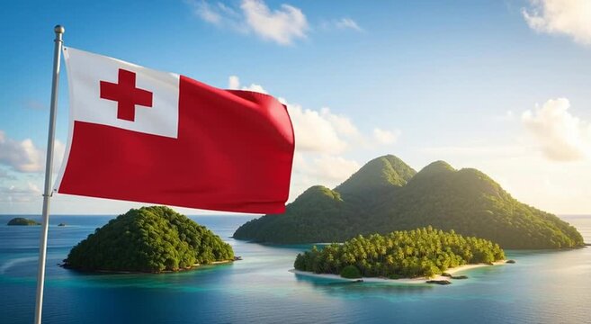 Tonga flag waving proudly over tropical islands with lush greenery and clear blue water
