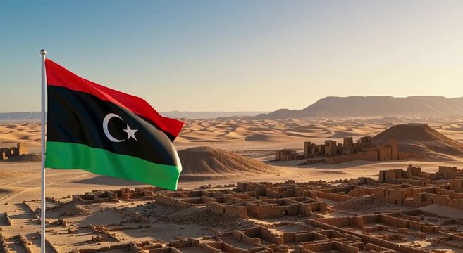 Libyan flag waving over ancient ruins in a desert landscape under a clear blue sky view