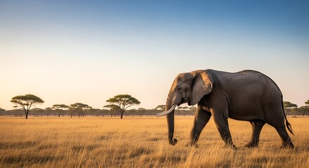 Fototapeta premium Wild African Elephant Striding Through Golden Savanna at Sunset