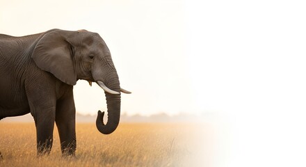 Obraz premium Majestic African Elephant Standing in Golden Savanna with Copy Space