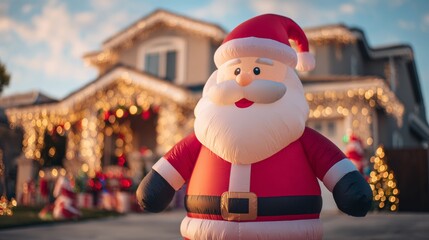 inflatable Santa Claus doll in front of a Christmas-decorated house