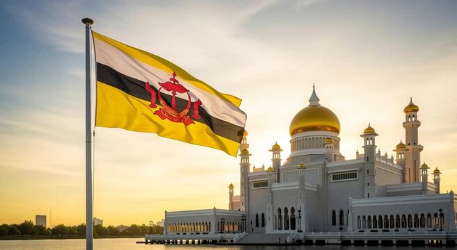Sultan omar ali saifuddien mosque with brunei flag at sunset with clear sky view