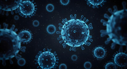 Close-up Microscopic View of Blue Virus Cells and Coronavirus on Dark Background