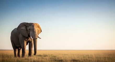 Obraz premium Majestic African Elephant Standing Alone in Vast Golden Savanna at Sunset