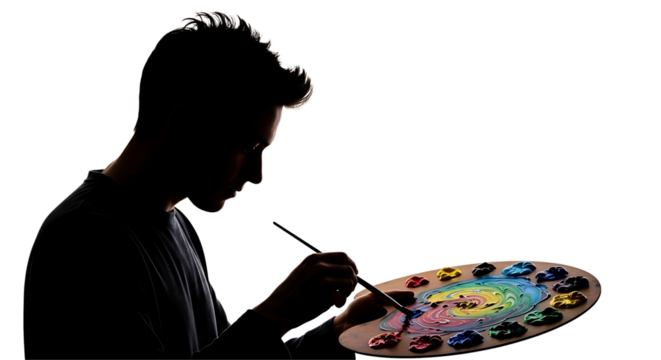 Silhouette of an artist holding a colorful paint palette with vibrant colors against a dark background symbolizing creativity and inspiration