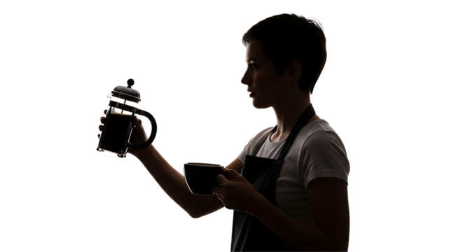 Silhouette of a young man wearing an apron holding a professional camera and looking at its screen in a dark studio setting