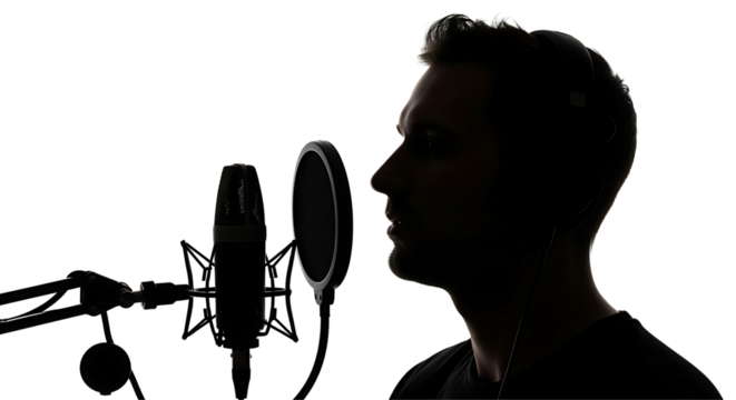 Silhouette of a young man singing passionately into a professional studio microphone with a pop filter in a dark room