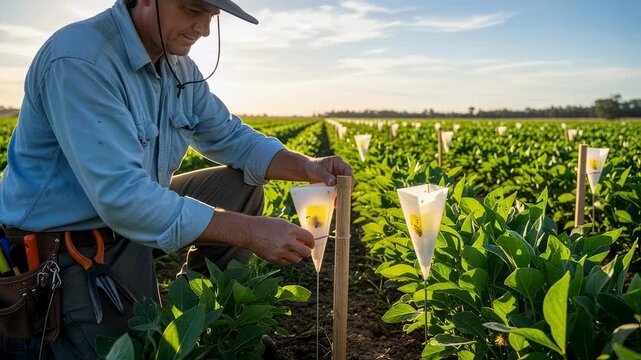 Medium shot of a farmer installing pheromone traps among crops to monitor and control pest populations in a sustainable field management practice.