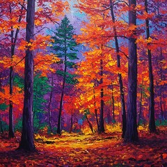 Fototapeta premium A vibrant painting of an autumn forest with colorful trees in shades of red, orange, purple, and green, creating a warm and inviting atmosphere.