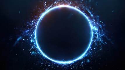 Glowing blue ring surrounds dark center, ethereal particles swirling around it